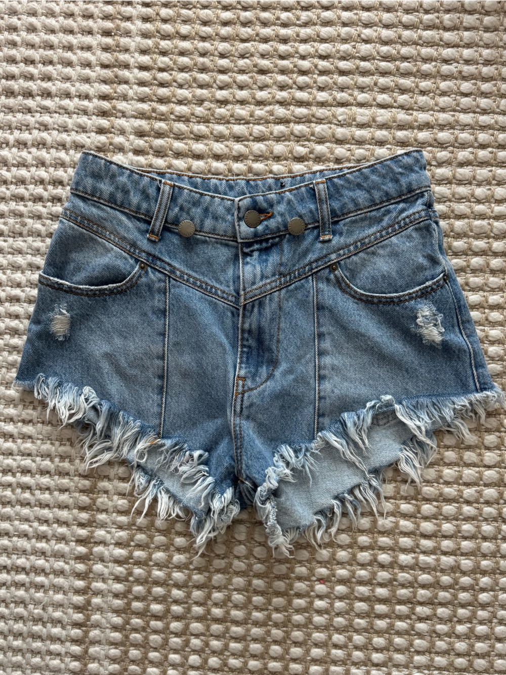 Retrofete Light Blue Distressed High-Rise Denim Shorts